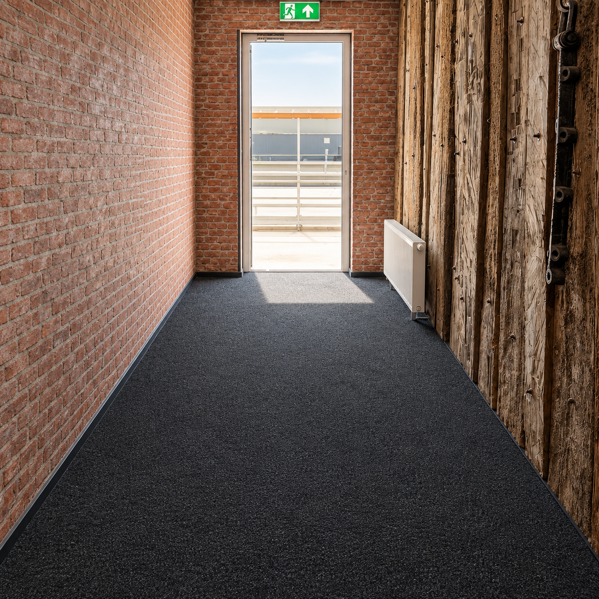Zwarte entreemat in een gang met bakstenen en houten wanden