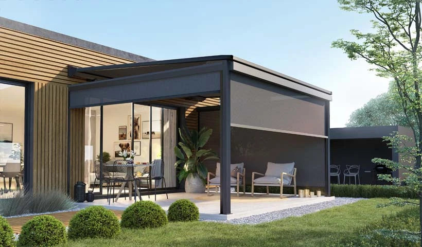 Sunshade Experts Matera PERGOLA + 3 x RS Smart: origineel leveranciersbeeld met illustratieve kleuren.
