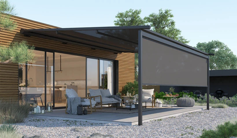 Sunshade Experts Matera PERGOLA + RS Smart: origineel leveranciersbeeld met illustratieve kleuren.