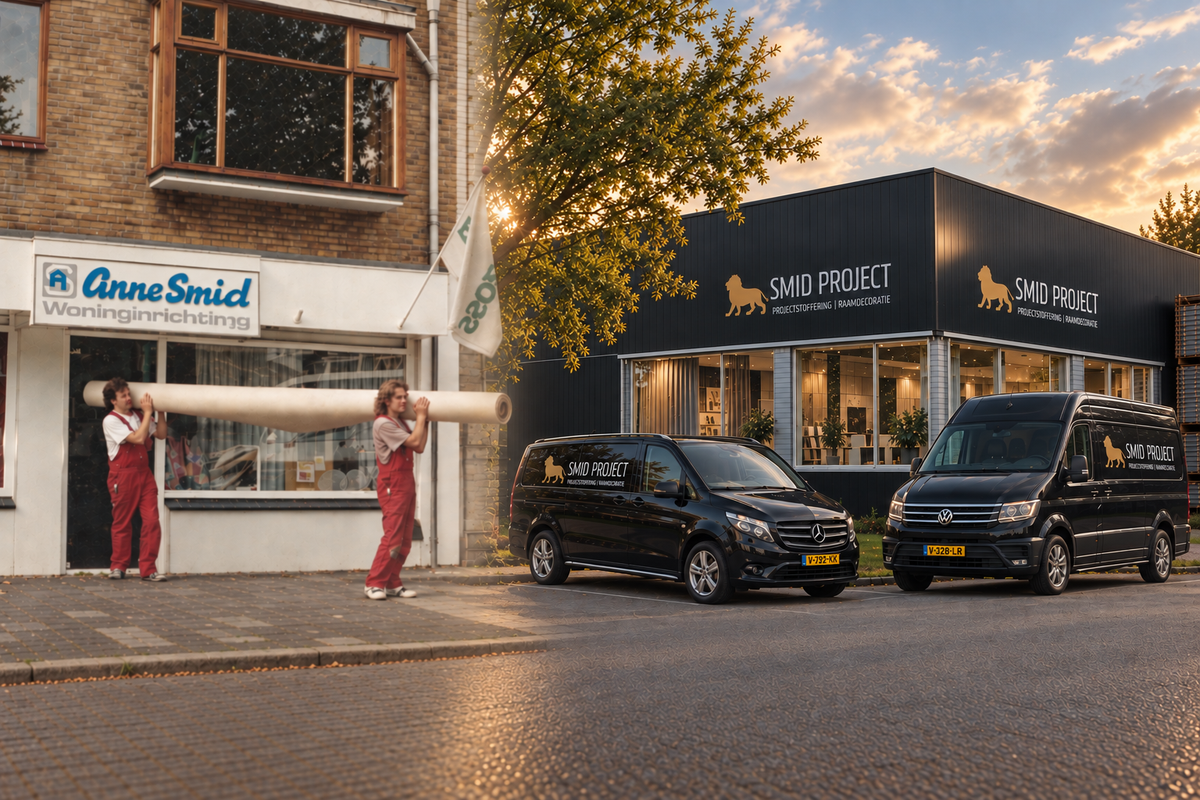 Historische foto bij Anne Smid Woninginrichting: samen een rol tapijt dragen
