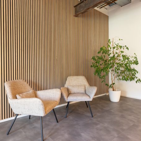 Lamellenwand achter twee stoelen en een plant.