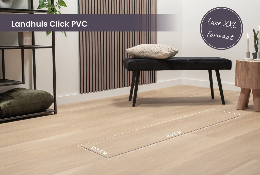 Promotiebeeld van Landhuis Click PVC met brede planken bij een bankje.