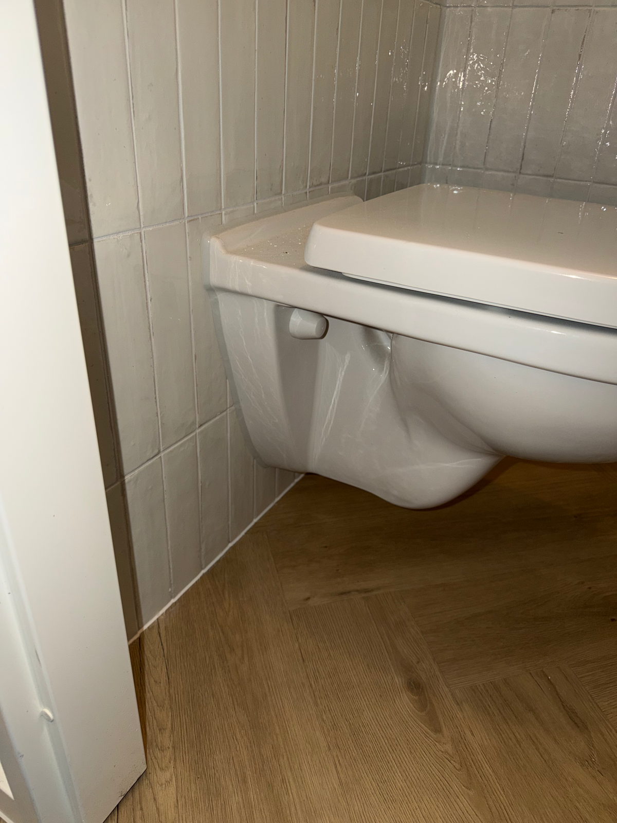 Doorlopende visgraatvloer bij het toilet en deurkozijn in Meerstad