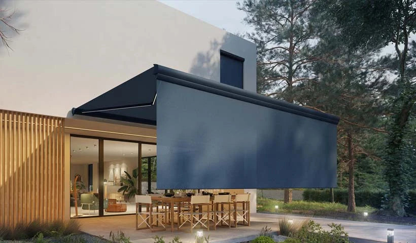 Sunshade Experts Formosa MAX + EXTRA VOLANT: origineel leveranciersbeeld met illustratieve kleuren.