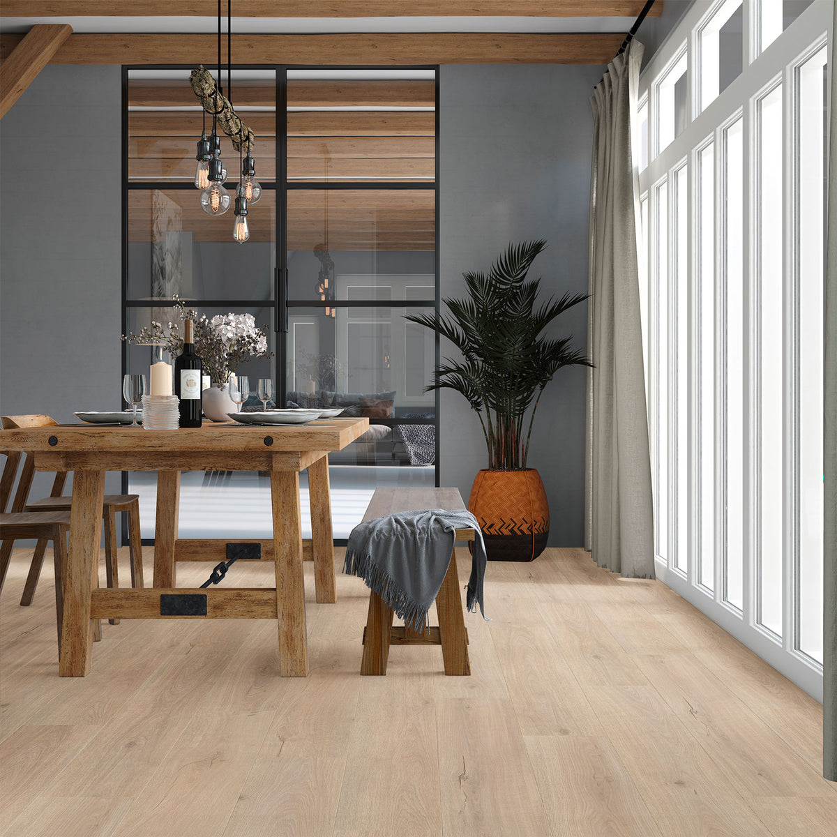 eettafel op eiken pvc vloer landelijke stijl