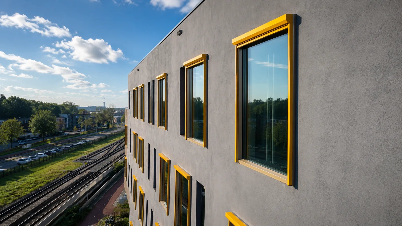 Zonwering aan een gebouw met gele kozijnen - Smid Project