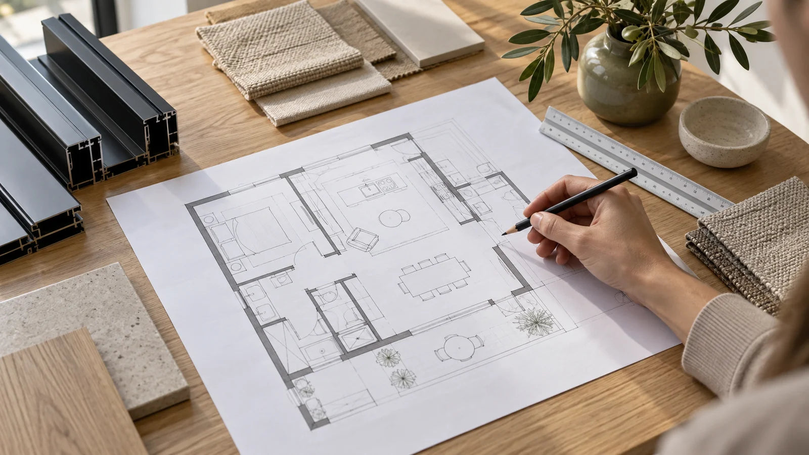 Sfeerbeeld van een interieurplan met materiaalstalen